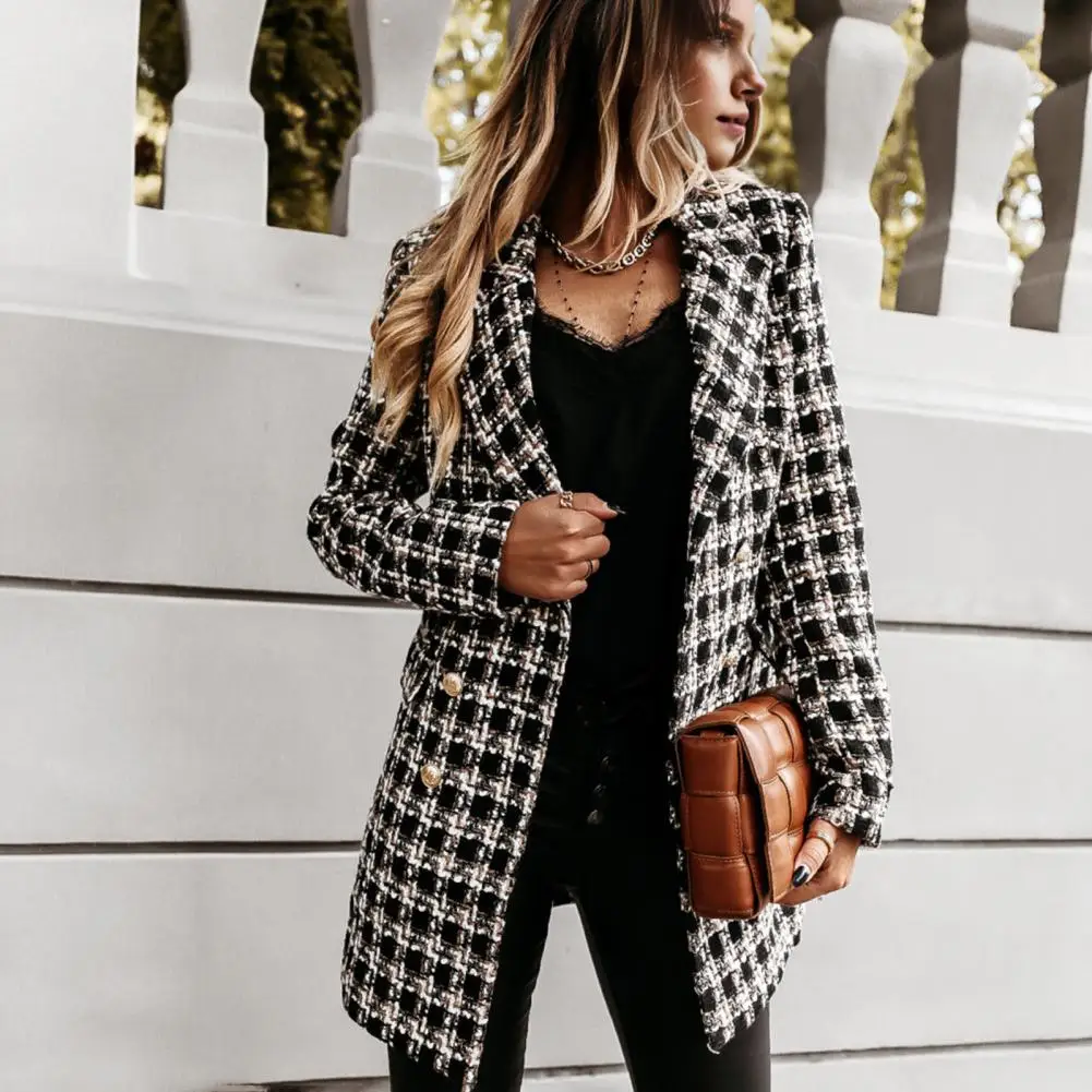 Women Plaid Coat Stylish Plaid Print Double-breasted Coat for Women Warm Mid Length Jacket for Winter Autumn for Dating