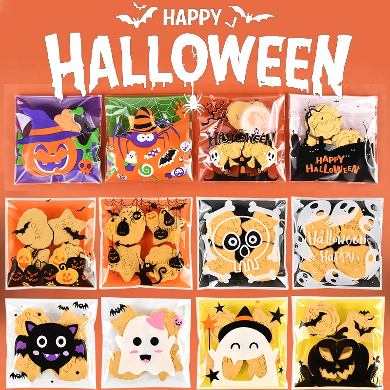 100pcs Halloween Candy Packaging Bag Ghost Festival Pumpkin Party Gift Self Sealing Bag Baking Biscuit Cake Decorations Supplies