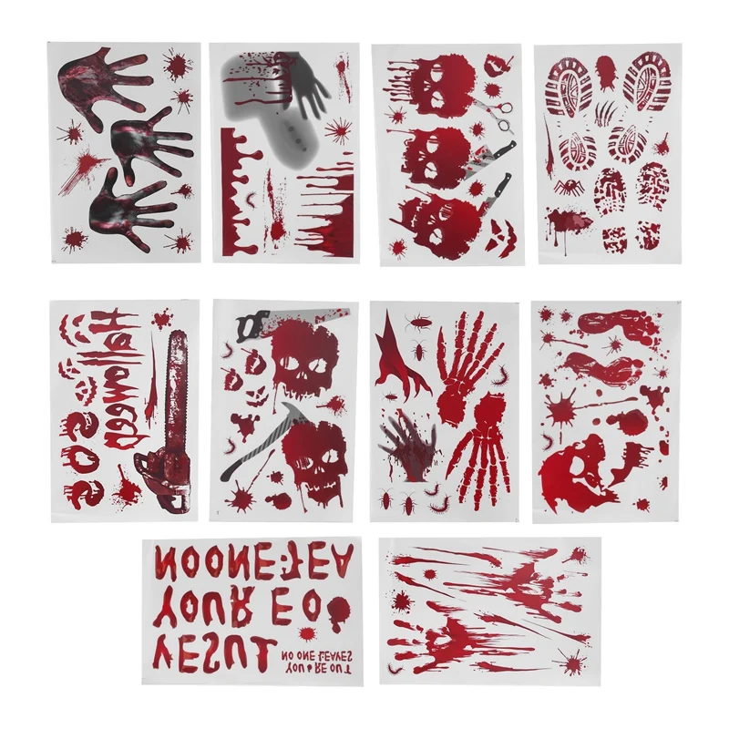 10 Models Bloody Halloween Decorations Window Stickers Horror Decals Bloody Handprint For Halloween Party Decorations