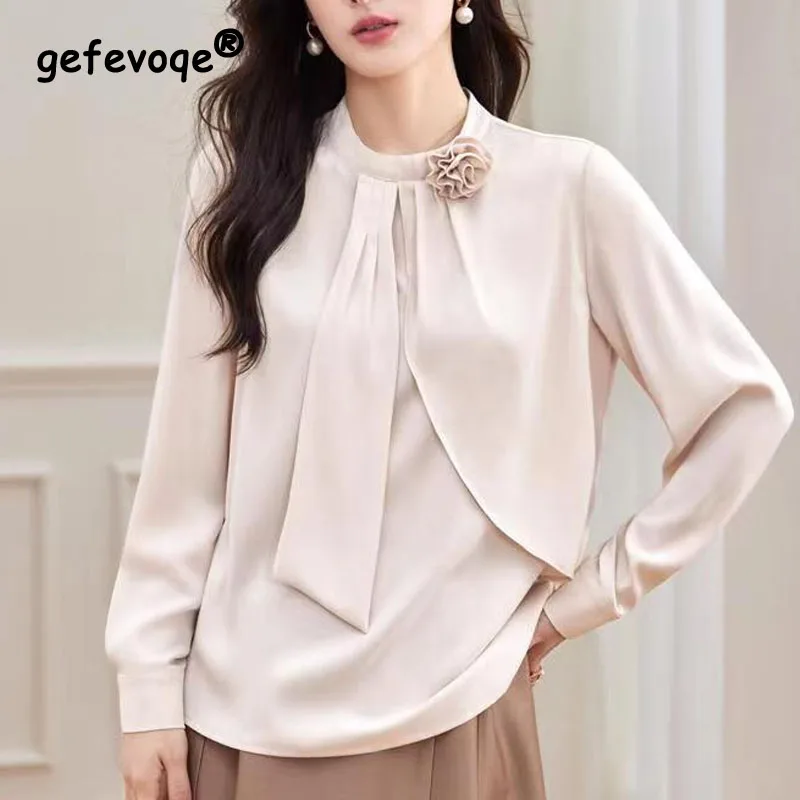 

2023 Autumn Women's New Ribbon Satin Loose Chiffon Shirt Solid Elegant Long Sleeve Comfortable Versatile Temperament Top