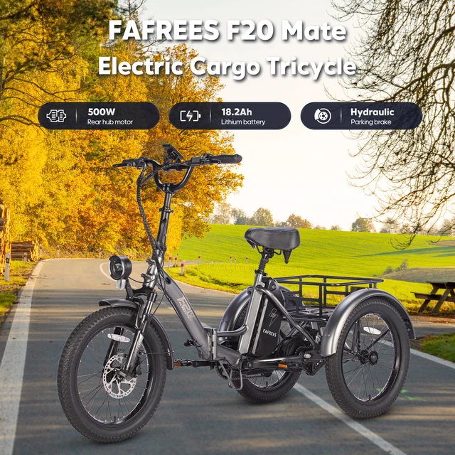 500W Cargo Three Wheel ebike  FAFREES F20 Mate Adult Electric Bicycle 48V18.2Ah Battery Folding E-bike 20*3.0 Fat Tires 3