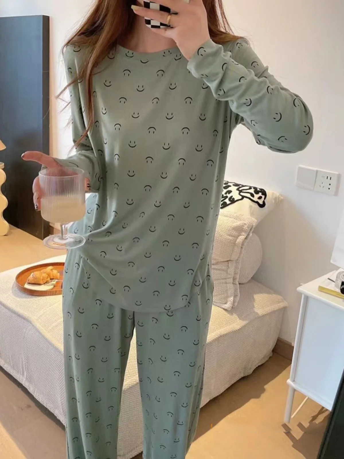 Women's Long Sleeve round Neck Sleepwear Set Spring Autumn Loose Comfortable Home Clothes Floral Print Student Nightgown - 2