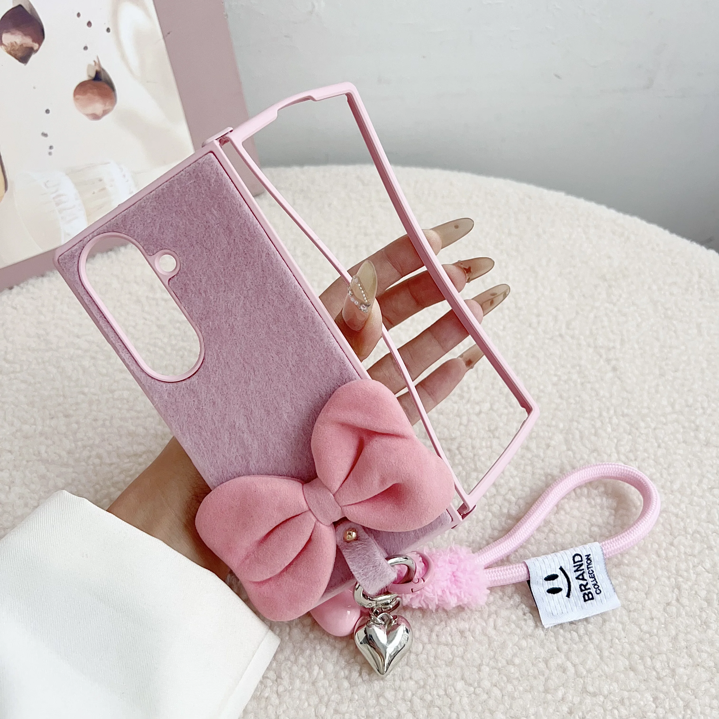 Plush Heart Pendant Fold Phone Case with 3D Bow and Rope Strap