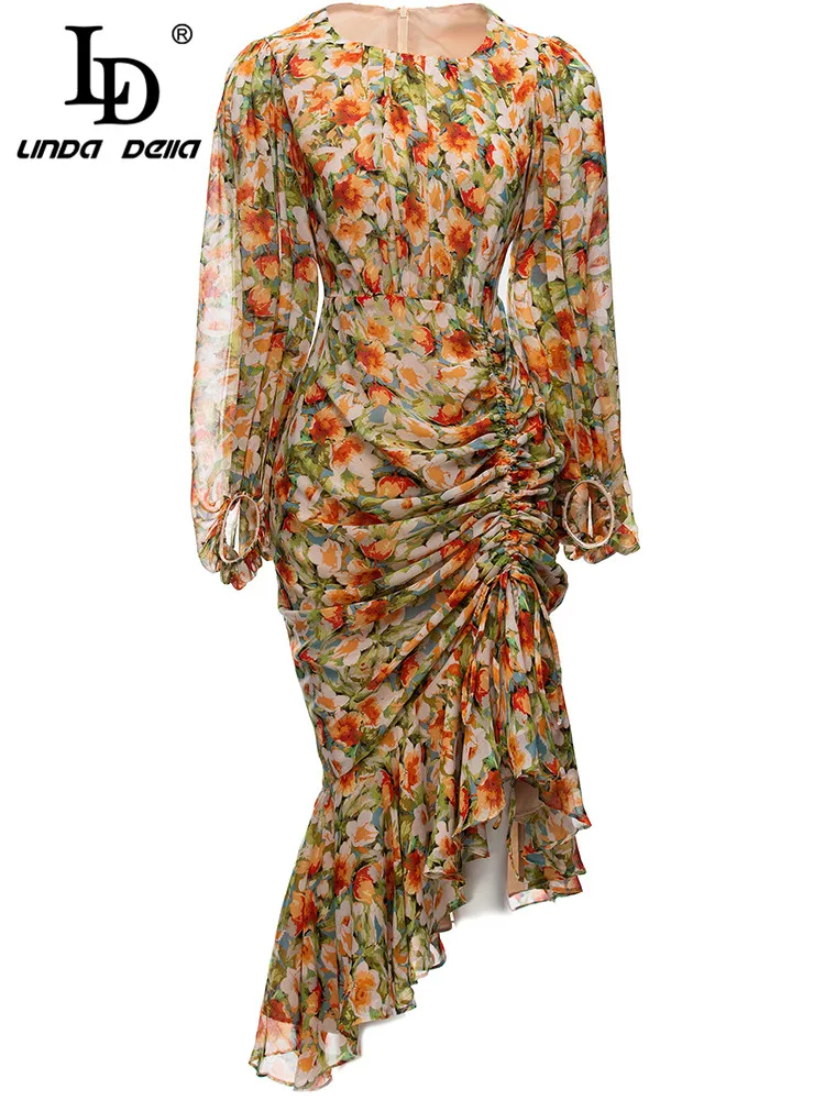 

LD LINDA DELLA 2023 New Spring Runway Fashion Midi Dress Women Lantern sleeve Draped Flower Print Vintage Vacation Mermaid Dress