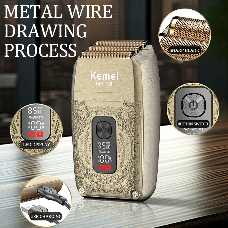Kemei 전기 면도기 헤드 오일 헤드 그라디언트 면도기, 디지털 디스플레이, USB 충전 모델 KM-T88