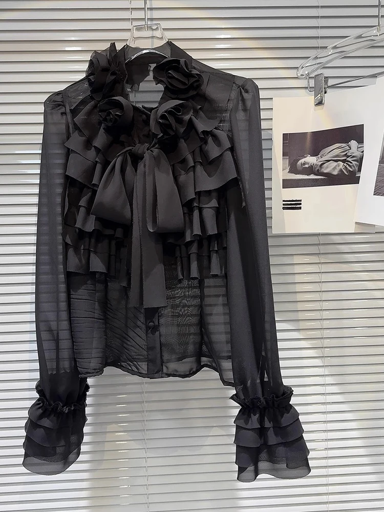 

HIGH QUALITY New Fashion 2024 Designer Shirt Women's Long Sleeve Bow Cascading Ruffle Chiffon Blouse Shirt Top