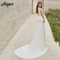 Elegant A-Line Satin Wedding Dresses Short Sleeves Scoop Neck Bridal Gowns Sexy Backless Beach Brides Dress Robes de marié 2