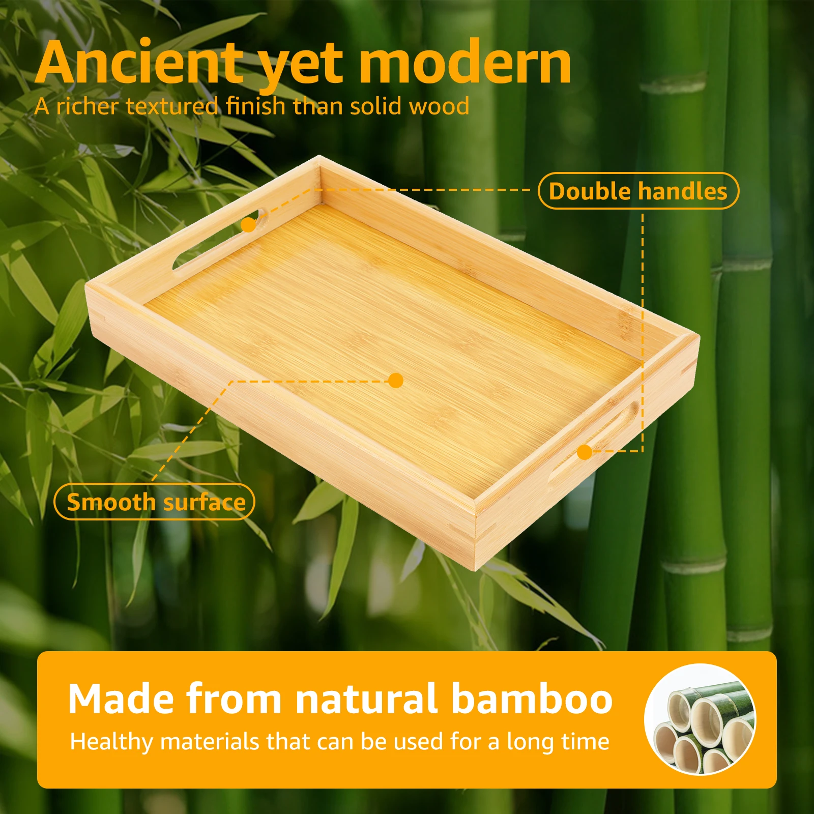 Bamboo Serving Tray with Handle Rectangle Serving Trays Platter Platter Breakfast Lunch Dinner Patio Coffee Table BBQ Party