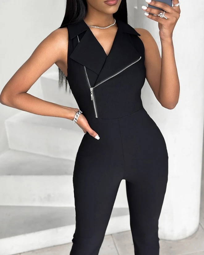 Casual Style 2024 Women's Jumpsuit Summer New Fashion Sleeveless Asymmetrical Neck Zipper Design Daily Skinny Long Jumpsuit jumpsuit for women 2024 new elegant sexy wide leg jumpsuit bubble sleeves sexy hollow out lace up high waisted long jumpsuit