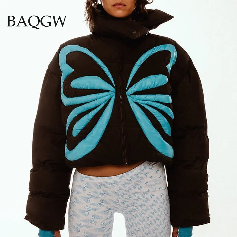 

Butterfly Print Winter Crop Jacket Women New Loose Bubble Cotton Patchwork Zipper Streetwear Coats Casual Thick Parka Outwear