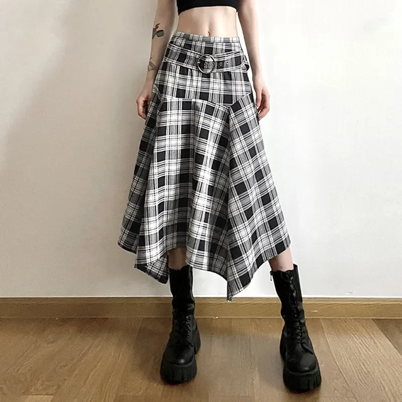 

Женская длинная Асимметричная юбка в стиле Харадзюку, Готическая винтажная клетчатая юбка Y2k в стиле гранж 90-х годов с высокой талией и поясом в стиле панк