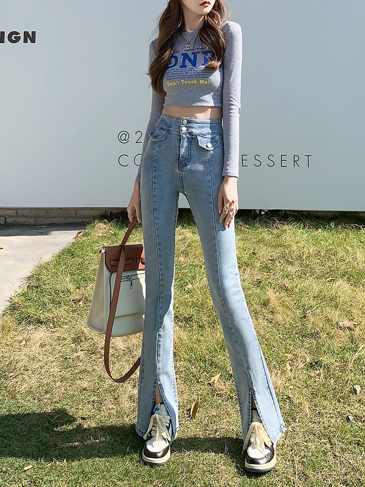 High Waist Double Breasted Jeans For Women Summer Split Flare Denim Pants Skinny Full Length Jean Trousers Female 0816 paige jeans