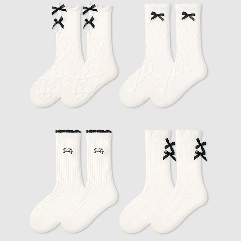 Spring 4pairs/lot Solid White Sweet Bow Girl Baby Mid Socks Children Fashion Letter Cotton Socks Kid Breathable Sport