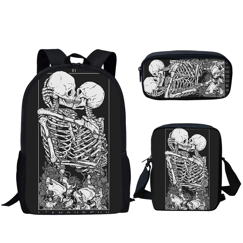 Gothic Skull Print 3 Stück Schult asche Set für Teen Jungen Mädchen Rucksack Student Campus Aufbewahrung sbuch Tasche mit Lunch Bag Bleistift Tasche