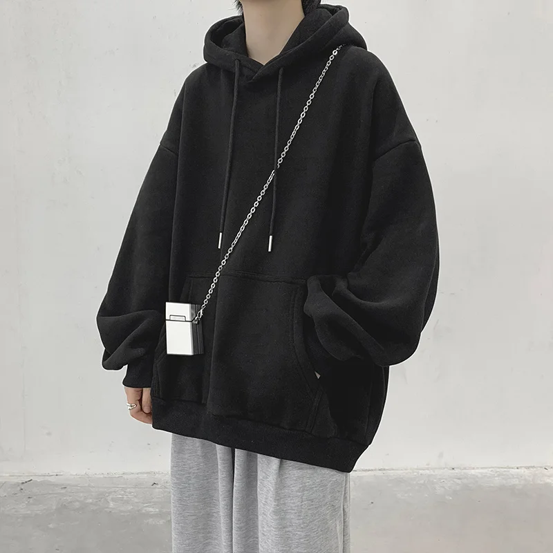 Loose Fit Men's Hoodie Pure Color Casual Streetwear Spring Autumn Winter Grey Heavyweight Hooded Jacket for Boys And Students - 3