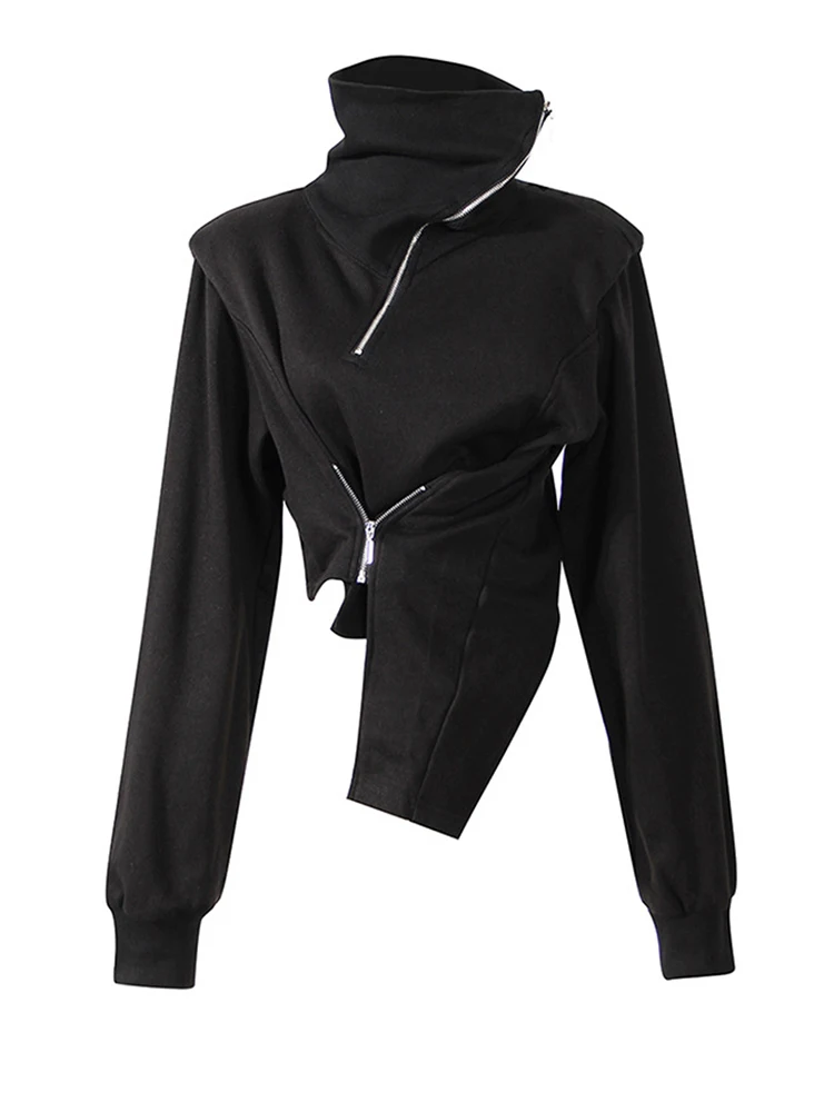 [EAM] Loose Fit Black Zipper Irregular Sweatshirt New Turtleneck Long Sleeve Women Big Size Fashion Spring Autumn 2026 1DE3327