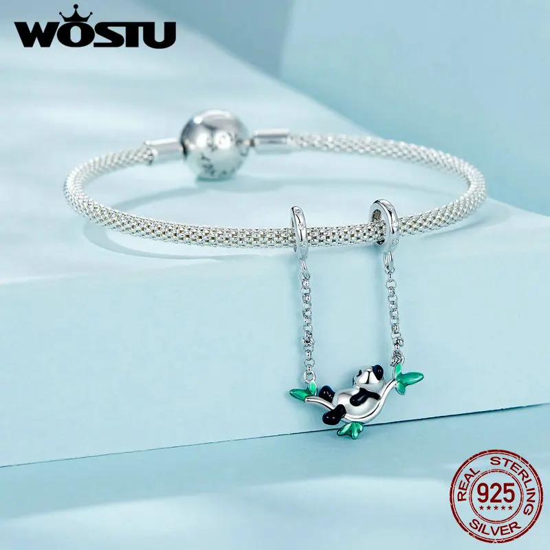 WOSTU 925 Sterling Silver Enamel Animals Bamboo Panda Pendant