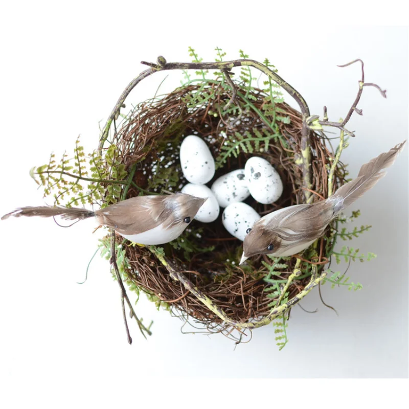 Simulation Fake Bird Nest Desktop Ornament Photography Nature 13cm Circle Cage Set Props Gardening Decoration Yellow Egg | Дом и сад