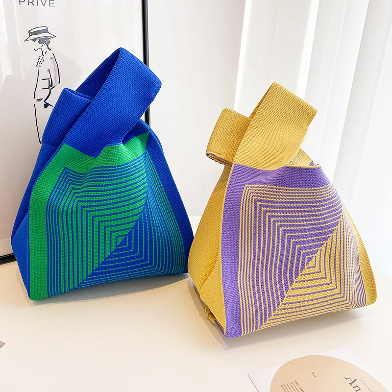 

35cm*20cm Handmade Knit Handbag Women Mini Knot Wrist Bag Casual Color Wide Stripe Plaid Tote Bag Student Reusable Shopping Bags