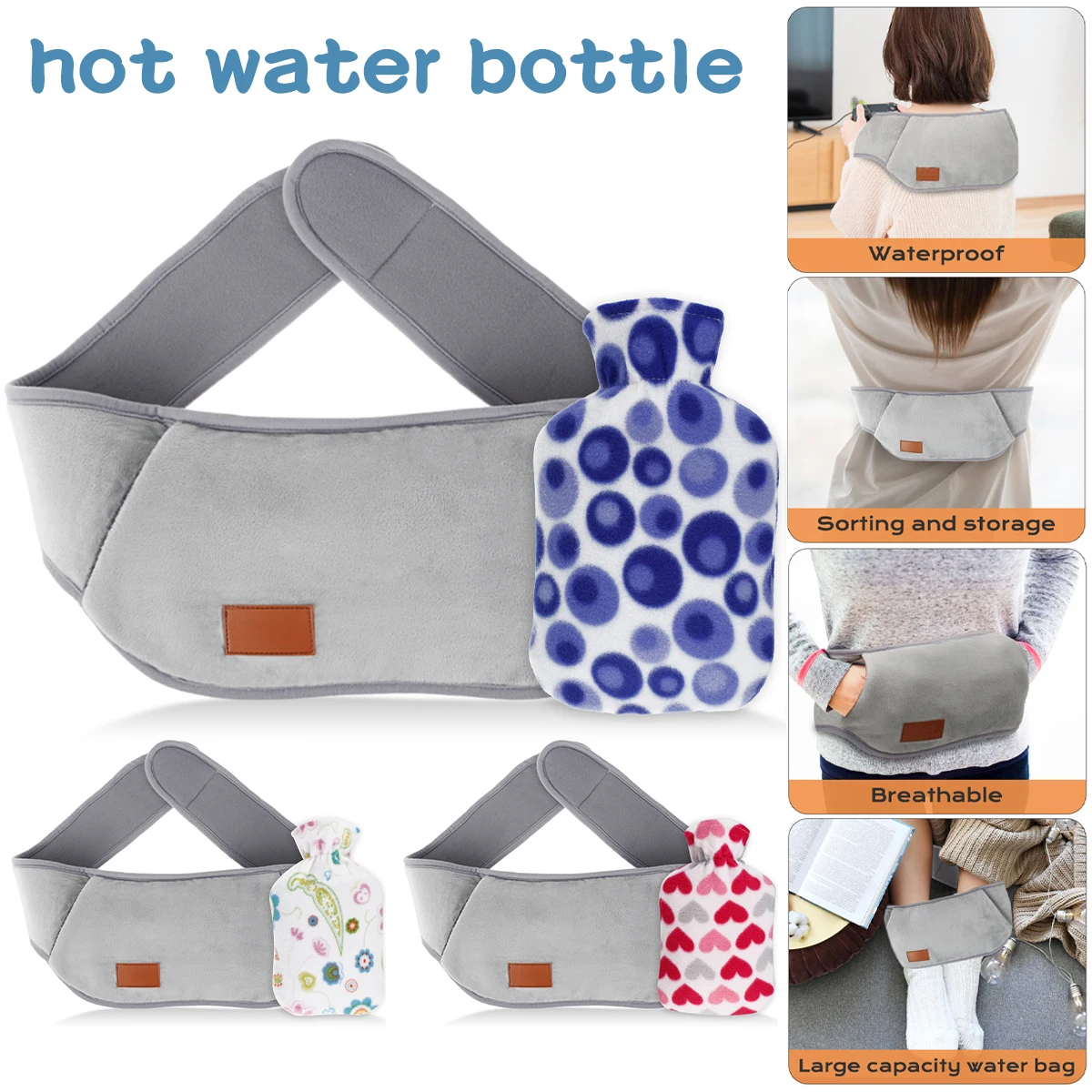 

Botella de agua caliente con cinturón y funda de felpa, bolsa de agua caliente suave y cálida, reutilizable, PVC, con tapa de
