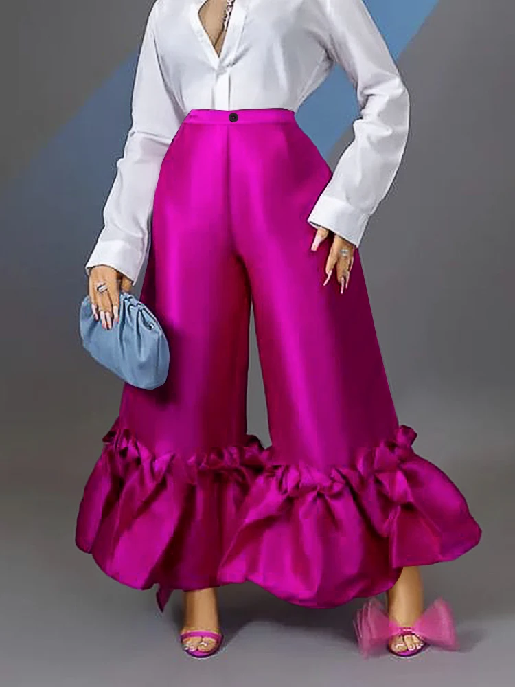 

AOMEI Women High Waist Flare Pants Wide Leg Big Size Shiny Ruffles Trumpet Bell Bottoms Trousers Femme Trendy Party Elegant New