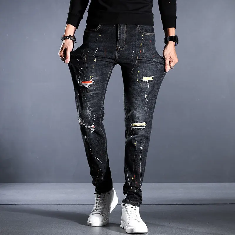 EH·MD® Black Ripped Jeans Men's Patchwork Zipper Pendant Splashed Ink Soft Zipper Belt Slim Cotton Stretch Pants Scratched 2022