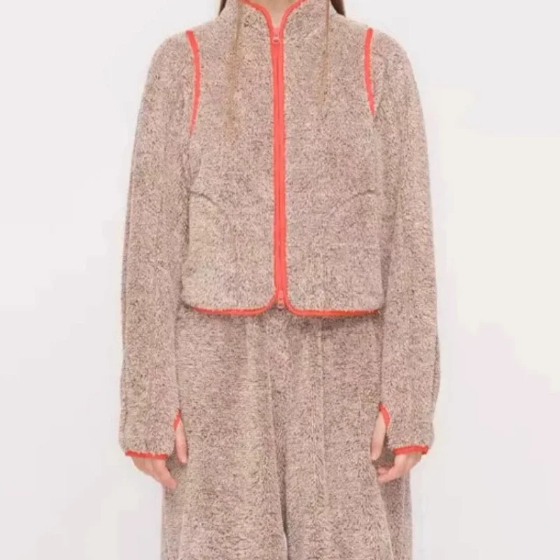 여성용 하이 칼라 스플라이스 지퍼 재킷 아우터웨어 캐주얼 스타일 긴팔 폴리에..