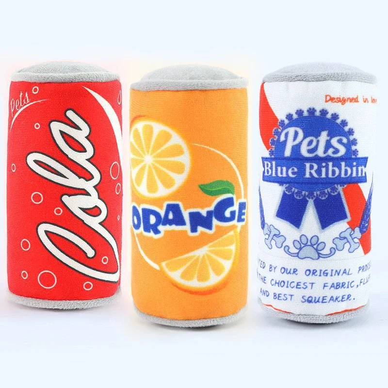 

Pet Bark Soda Plush Squeaky Drink Parody Toy for Dogs Soft Can Shape Interactive Fetch Dog Toys Fun Foods Lazy Doggies Animal