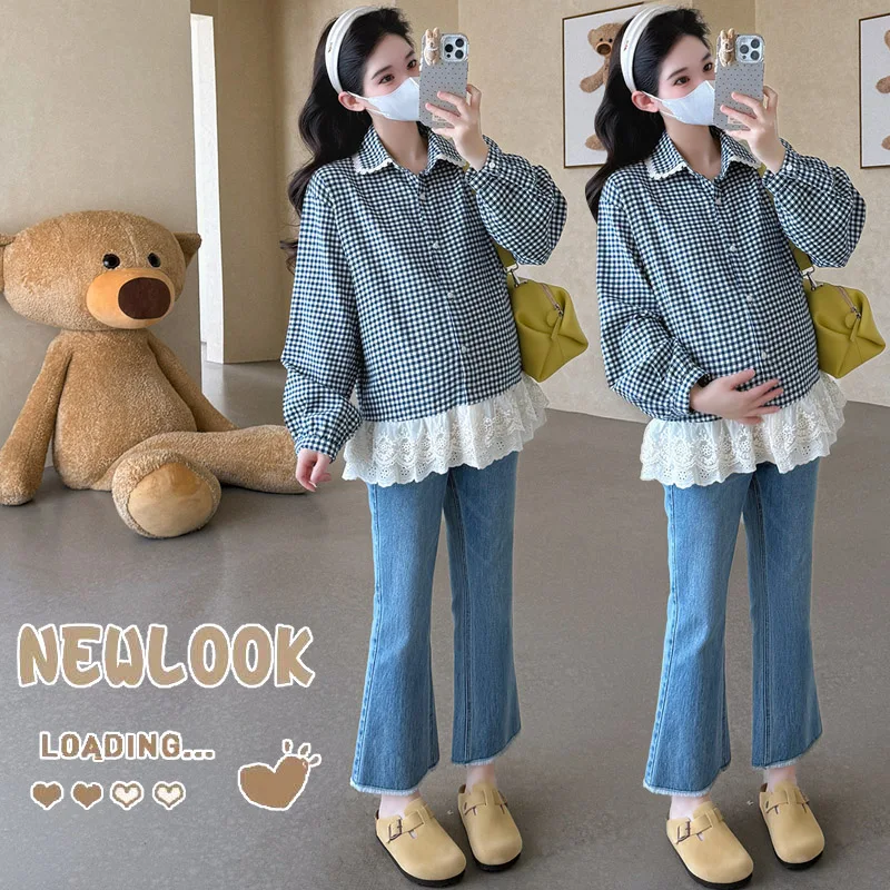 G82433 임산부용 탑 체크 무늬 두꺼운 루즈 레이스 패치워크 탑 여성용 임산부용 탑