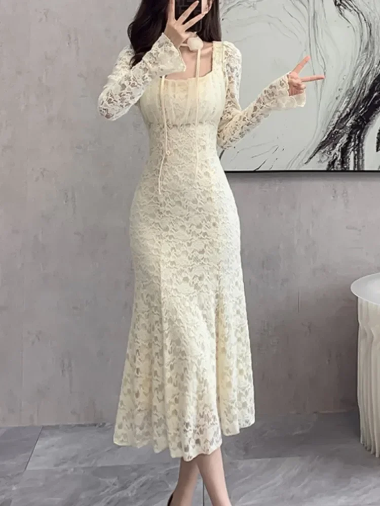 

Elegant Chic Bodycon Lace Patchwork Mesh Midi Dresses for Women Autumn Winter New Vintage Slim Casual Party Female Clothing Robe