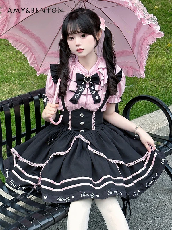 japanese-kawaii-lolita-outfits-sweet-cute-bow-short-sleeve-shirt-color-matching-slim-mini-suspender-skirt-two-piece-sets-women