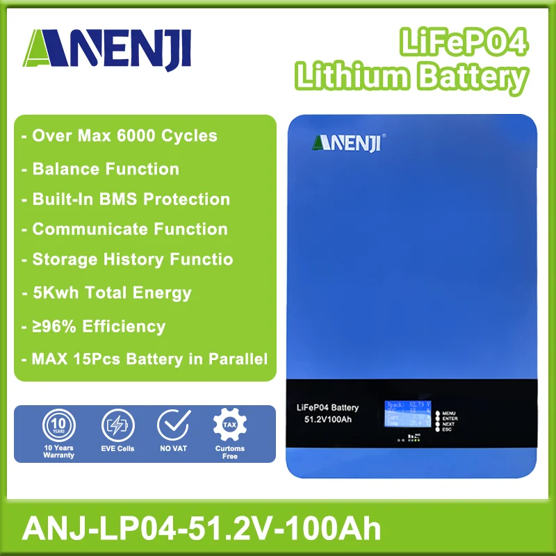 51.2V 100Ah Powerwall Lifepo4 Batteria A Parete 48V 5Kwh Per Pv Solar E Home Off/On Grid Bms Integrato 6000 + Cicli