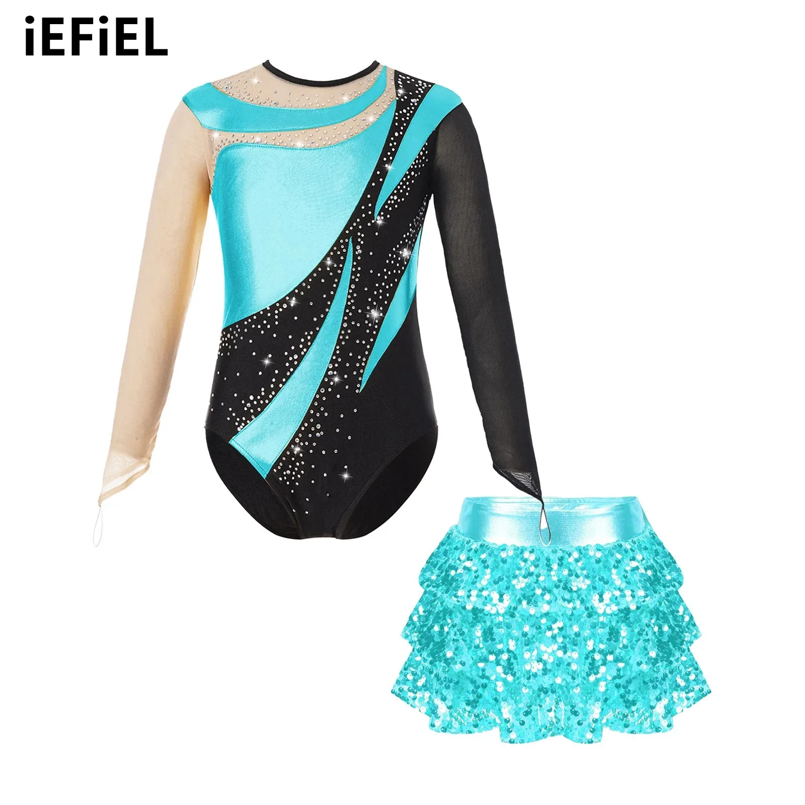 

Kids Girls Figure Skate Dance Outfit Patchwork Keyhole Back Leotard with Tiered Ruffle Skirted Shorts for Performance