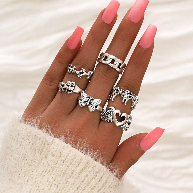 Punk Metal Multi Element Ring Set For Women Men Antique Silver Butterfly Snake Skull Finger Rings Gothic Jewelry Gift