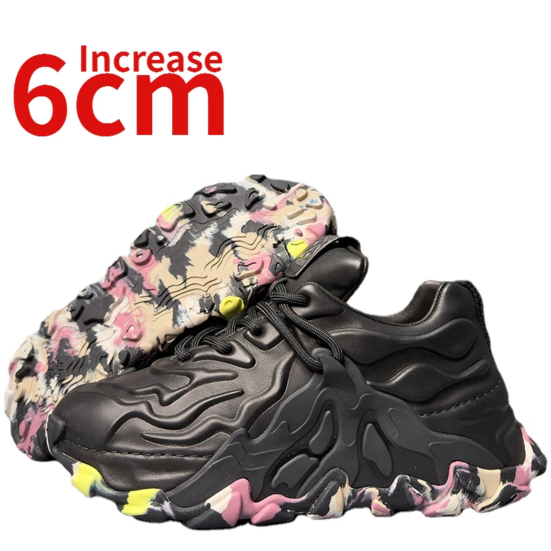 

European Embossing Process Design Shoes for Men Genuine Leather Increased 6cm Trendy Dad's Shoes Fashionable Sports Casual Shoes