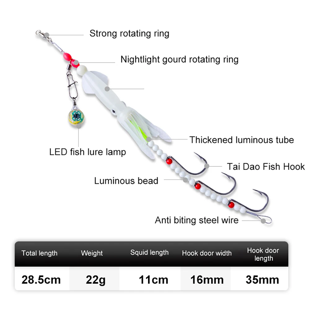 Artificial Bait Hook with 3 Hooks Squid Jig Hook LED Lamp Simulation Octopus Bait Luminous Tackle Tool Night Fishing Accessories