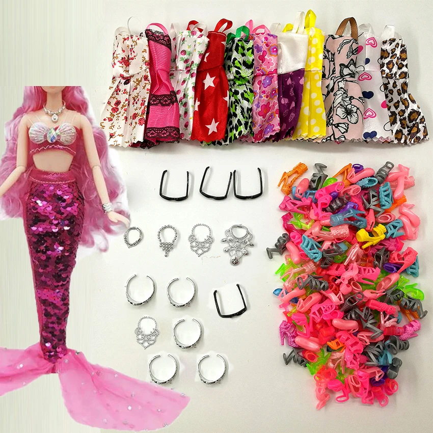 

31 Item/Set Doll Accessories = 8 Pcs Shoes 5 Necklace /Crown 4 Glasses 1 Mermaid Tail Dress 8 Pcs Doll Dress for 11.5in dol