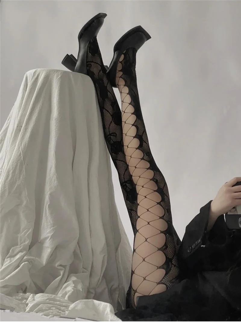 Description Picture 5 of itemSexy Hollow Jacquard Fishnet Tights High Stockings Women Mesh Pantyhose Black Lace High Socks Nightclub Garter Stocking Hosiery