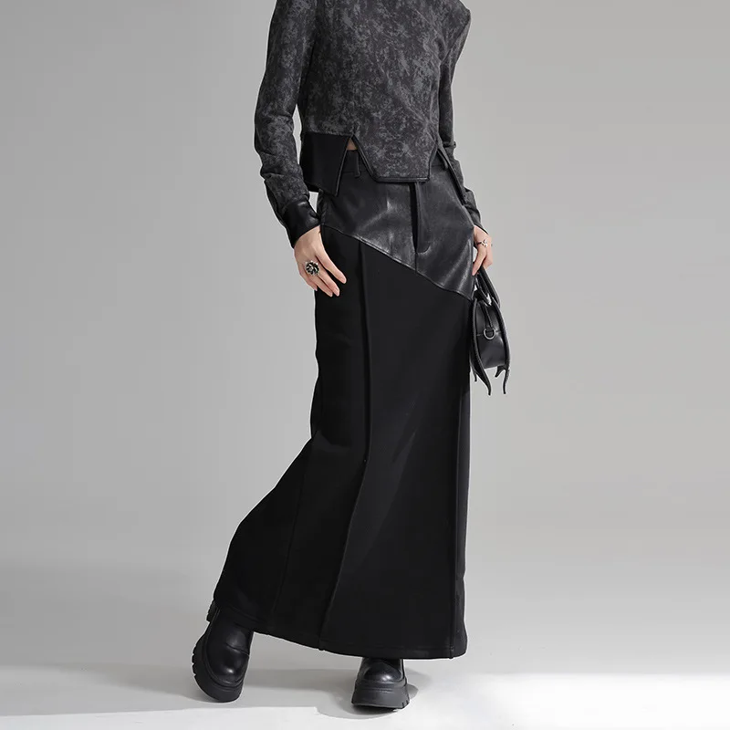 

Tannt Women Skirt Pu Leather Patchwork Asymmetry High Waist Skirts Irregular Fashion Long High Waist Skirts Women 2023 New