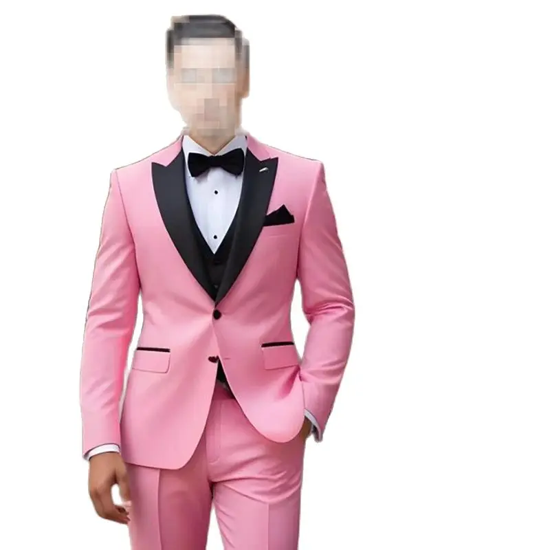 Luxury Pink 3 Piece Jacket Pants Vest Male Clothing Formal Single Breasted Peak Lapel Slim Fit Men Suits For Prom Party Costume 2