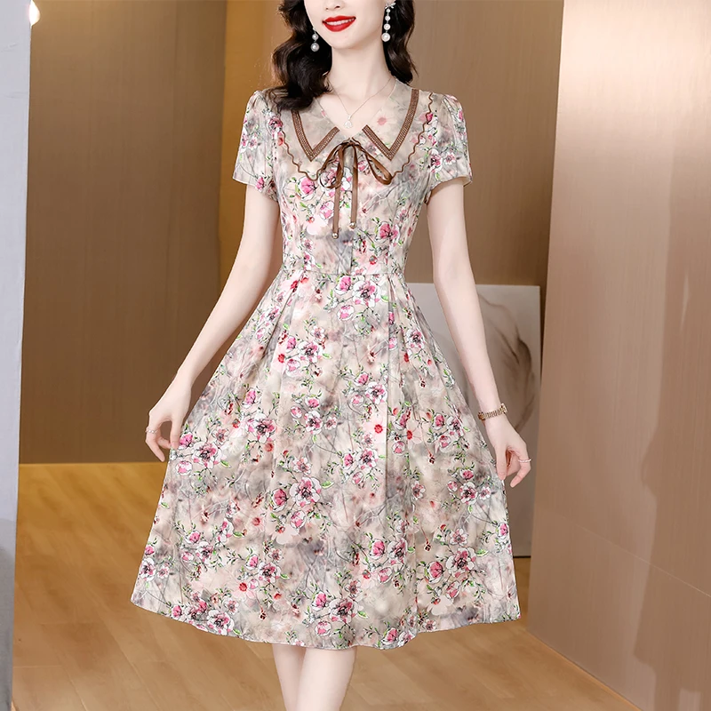 

Summer High-end Silk Printed Mulberry Silk Dress For Women's Fashion Versatility Short Sleeved Waistband Slimming Dress Vestidos