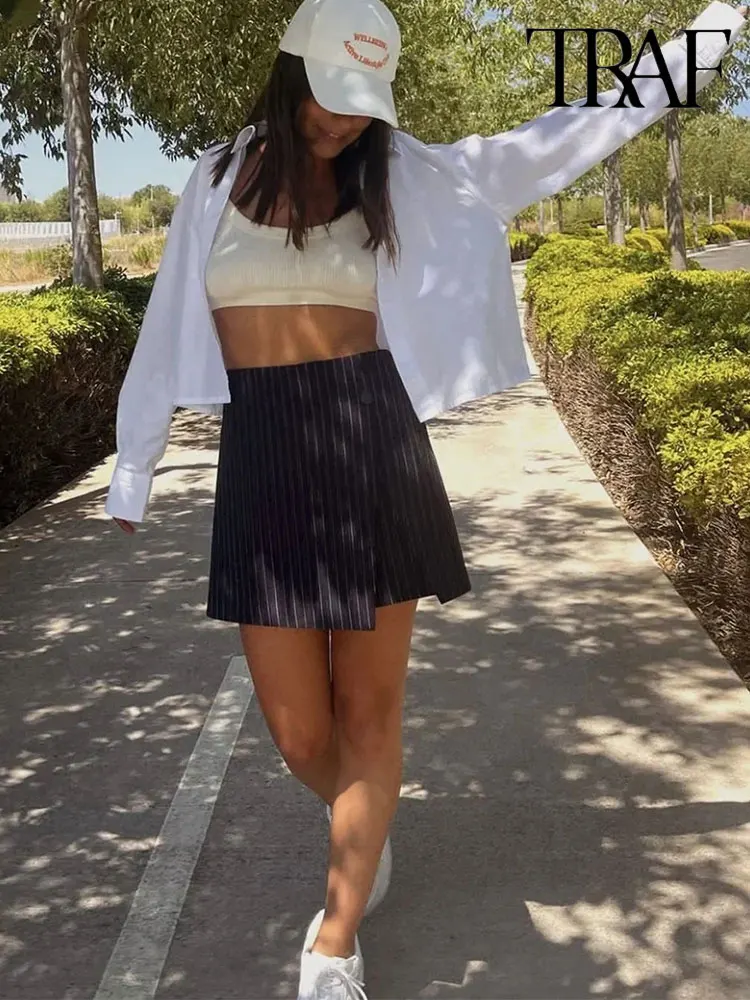 

TRAF 2023 Summer A-line High Waist Women Cozy Mini Skirts New Color Female Split Hem Skirt Striped Design Club Streetwear