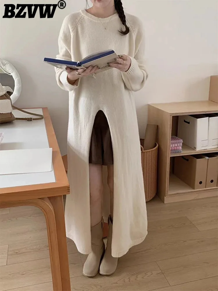 

BZVW French Split Long Sleeve Knitted Dress For Women 2023 Autumn Winter Pullover Premium Long Thickened Sweater Dresses 25X3688