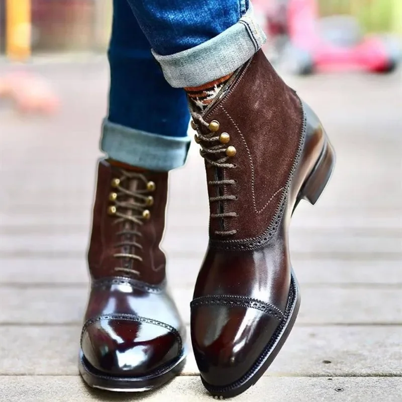 Leather Boots Mens Leather Boots Motorcycle Leather Boots Men Short Brown Bullock Flock Lace-up Square Toe Business Ankle Shoes