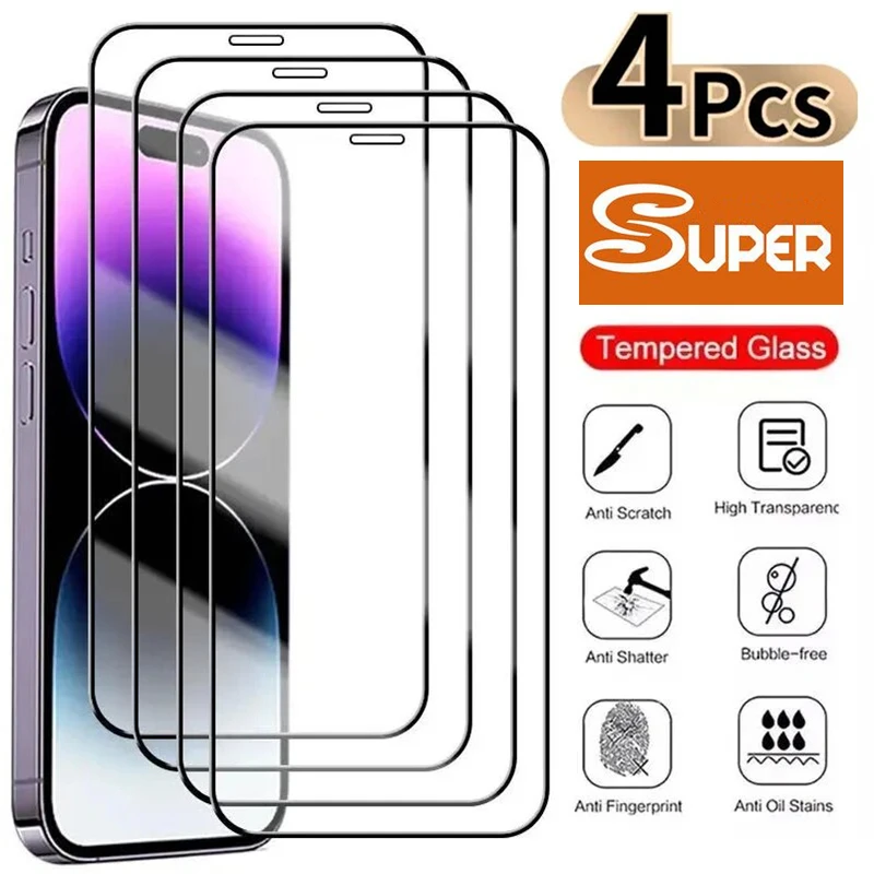 

4PCS Full Cover Tempered Glass For iPhone 13 12 11 14 15 Pro Max Mini Screen Protector For iphone X XR XS Max 7 8 15 PLUS Glass