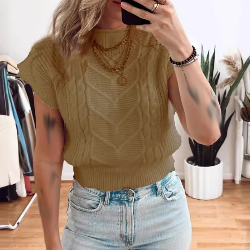 

Женский трикотажный пуловер с круглым вырезом и коротким рукавом, Элегантный Повседневный свитер, джемпер, Весенняя однотонная Универсальная футболка в стиле High Street