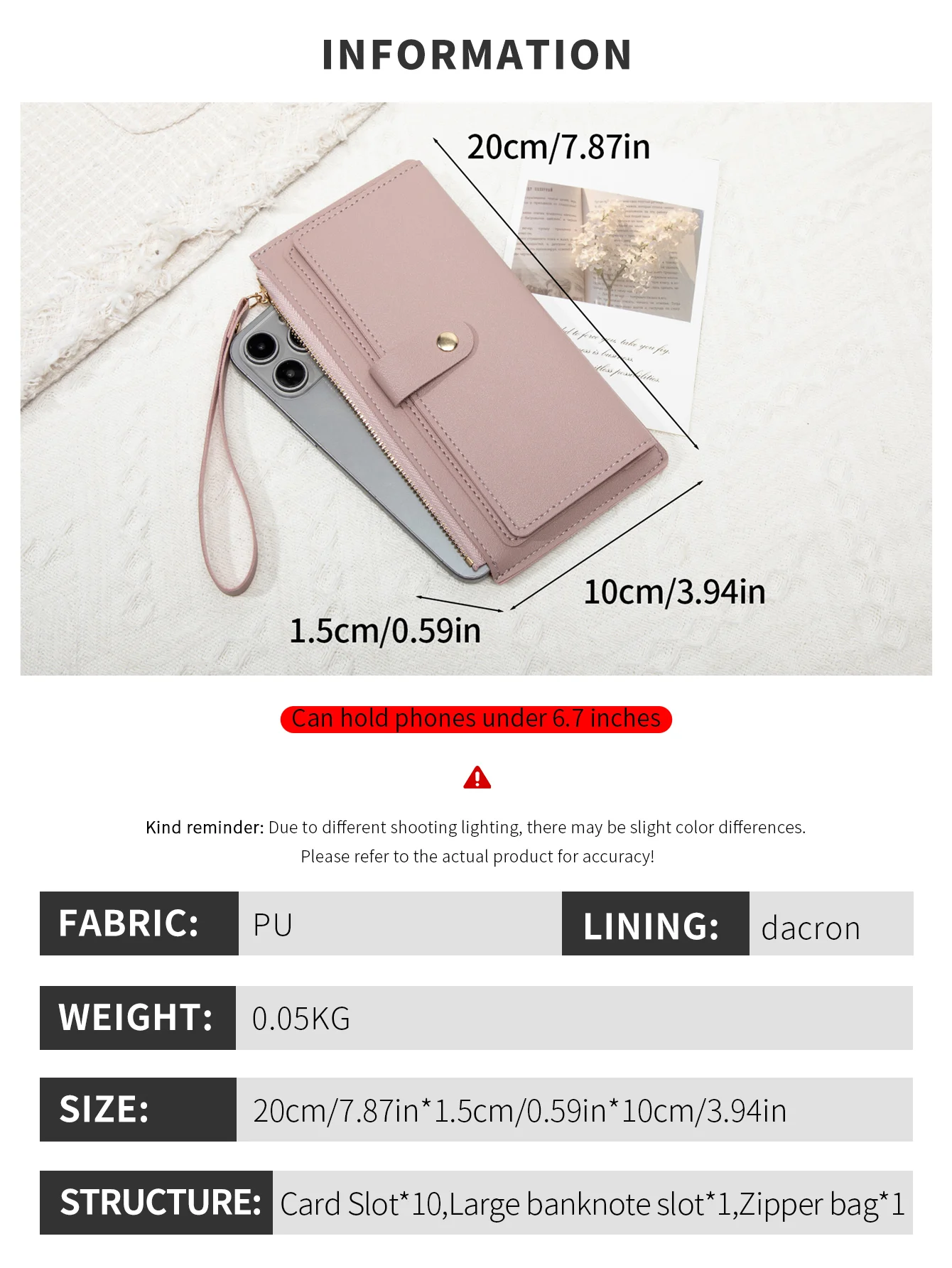 Schlichte und stilvolle Damen-Langkartenbörse, ultradünne Mini-Handtasche aus PU-Leder in Uni-Farbe, Damen-Kreditkartenhalter-Geldbörse – Detail 2