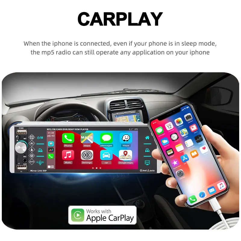PolarLander Car Multimedia Player 1 Din 5.1 Inches MP5 Touch ​Screen 5188 Carplay Android Auto Mirrorlink RDS AM FM 3-USB