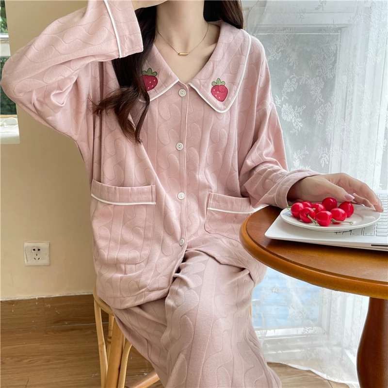 Autumn new pajamas women's milk silk jacquard lapel open chest casual sweet can be worn outside the home clothes 2-piece set