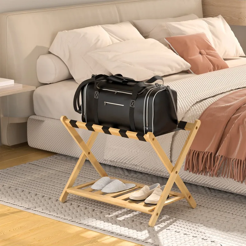 Portable Bamboo Suitcase Holder Foldable Homestay Hotel Luggage Rack Double-layer Household Floor Luggage Storage Rack